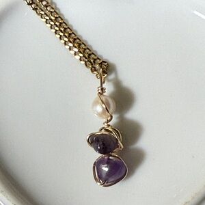 Genuine Pearl and Amethyst wire wrapped Womens pendant 18k gold plated necklace